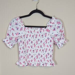 Rare Editions White Pink Floral Smocked Puff Sleeve Crop Top